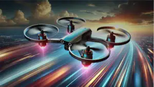 High-tech race-drone met LED-lampen, die met hoge snelheid over een verlichte stad vliegt.