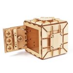 Wetenschappelijk accessoire van hout met tandwielen en compartimenten.