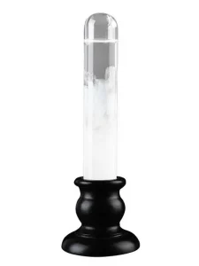 Laboratoriumlamp van glas met zwarte standaard, ideaal voor wetenschappelijke of bureau decoratie.