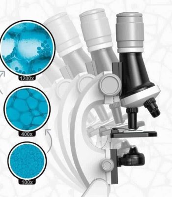 Laboratoriummicroscoop met lenzen met verschillende vergrotingen (100x, 400x, 1200x) voor nauwkeurige wetenschappelijke observatie.