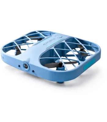 Lichte quadcopter drone voor luchtfotografie, surveillance en recreatie, met een blauw plastic frame en zwarte propellers.