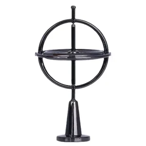 Zwarte metalen wetenschappelijke decoratiesteun, die een model van een planetenbaan vertegenwoordigt met een centraal platform, ideaal voor bureau- of plankdecoratie.