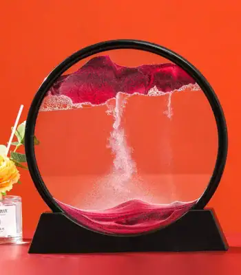 Wetenschappelijk decoratiepaneel met een model van een miniatuur uitbarstende vulkaan in een cirkelvormig kader, ideaal voor bureau- of educatieve ruimte decoratie.