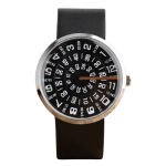 Horloge met een zwarte wijzerplaat en witte cijfers, dat uren, minuten en seconden weergeeft, met een innovatief ontwerp geïnspireerd op de wetenschap.