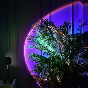 Balkon met tropische plant en paarse neonverlichting, moderne en kleurrijke sfeer.