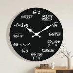 Wandklok met ontwerp en cijfers van wiskundige formules, originele decoratie voor een wetenschappelijke of educatieve ruimte.