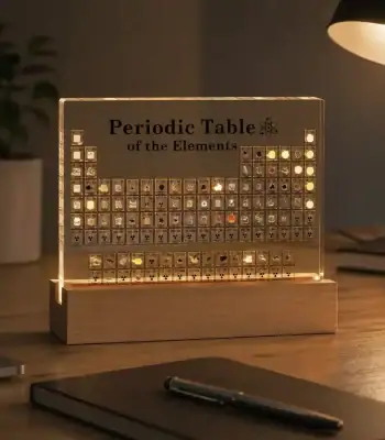 Miniatuurversie van het periodiek systeem met echte elementen, geplaatst op een houten standaard op een bureau, verlicht door een bureaulamp.
