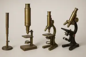 Vintage microscopen van messing, perfect voor wetenschappelijke decoratie of het verzamelen van antieke objecten. Deze microscopen bieden een retro charme en unieke esthetiek voor elke ruimte.