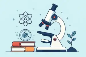Laboratoriummicroscoop met boeken en atoomsymbool, die wetenschappelijk onderzoek en leren in de natuurwetenschappen illustreert.