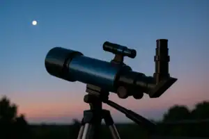 Zwarte astronomische telescoop op een statief buiten bij zonsondergang, met de maan zichtbaar in de heldere lucht, ideaal voor sterrenkijken.