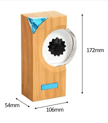 Wetenschappelijke paperweight in hout met een decor van blauw glas.