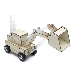Wetenschappelijke gadgets van hout die een mini graafmachine met laboratoriumelementen voorstellen.