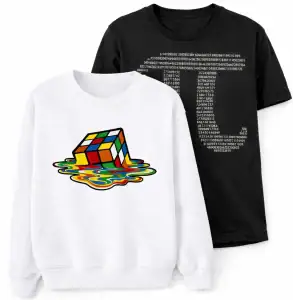 Witte sweatshirt met een kleurrijke Rubik's Cube en een zwarte sweatshirt met cijfers en decimalen, perfect voor wetenschaps- en puzzelliefhebbers.